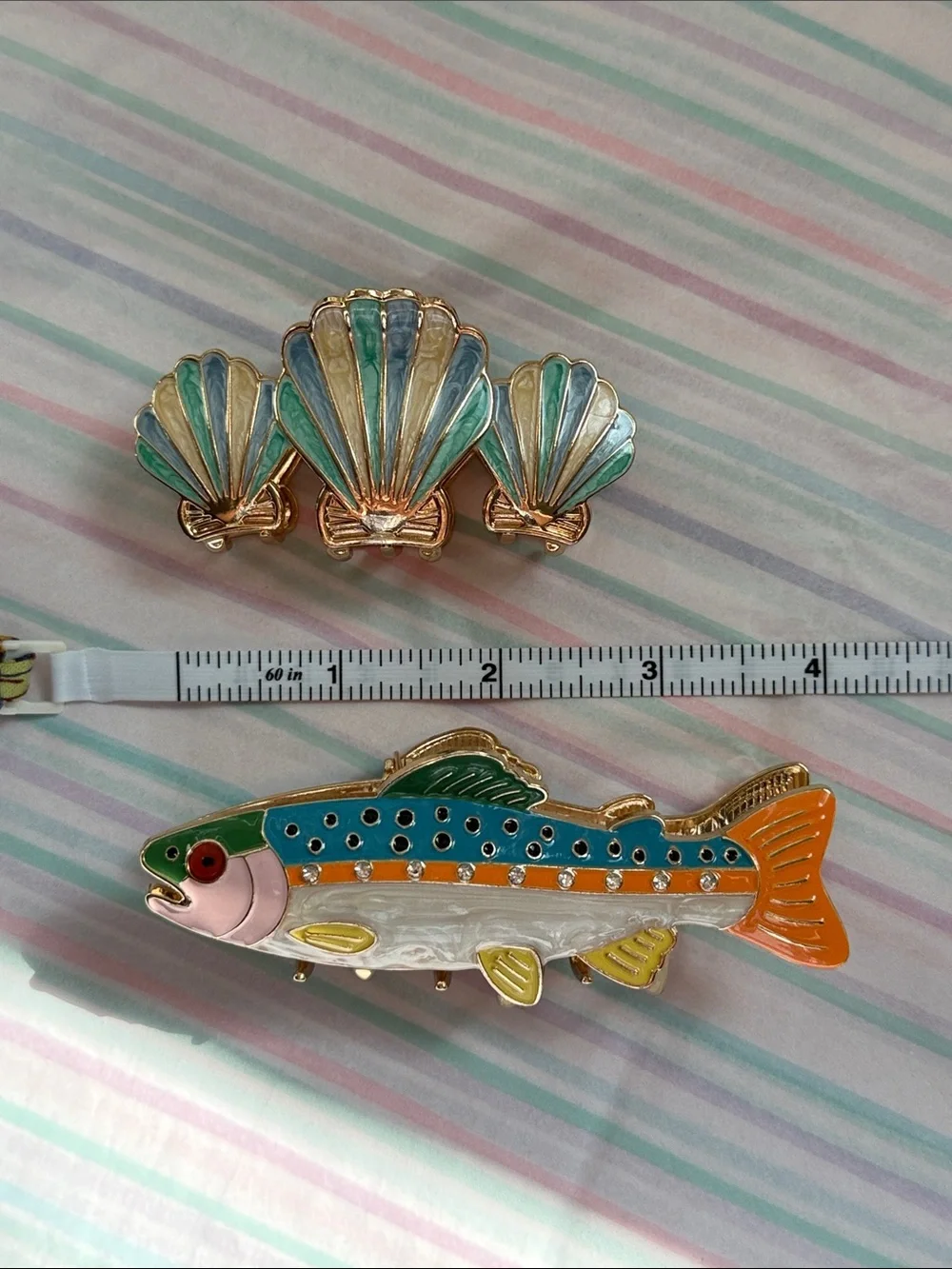 Teal & Orange Enamel Fish and Shell Hair Claw/Clip - Set of 2